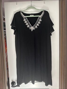 Max Studio Black Coverup with White Lace V-Neck Trim